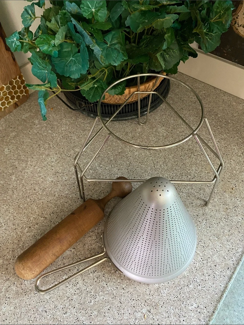 Vintage Cone Sieve, Wooden Pestle & Aluminum Stand